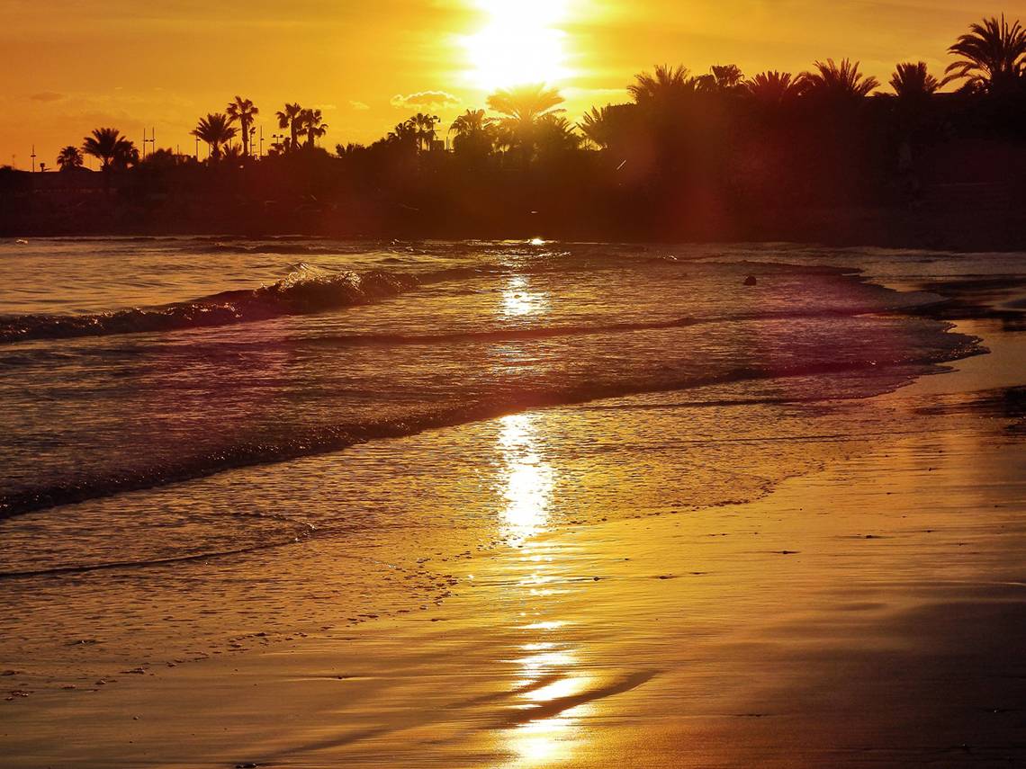Sonnenuntergang am Strand vor dem Grecian Bay Hotel mit goldenem Licht auf dem Wasser und Palmen im Hintergrund.