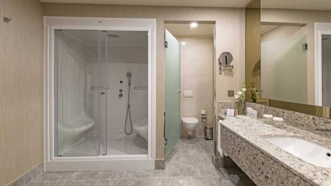Badezimmer im Royal Seginus Hotel mit Glasdusche, Toilette und Waschbecken.