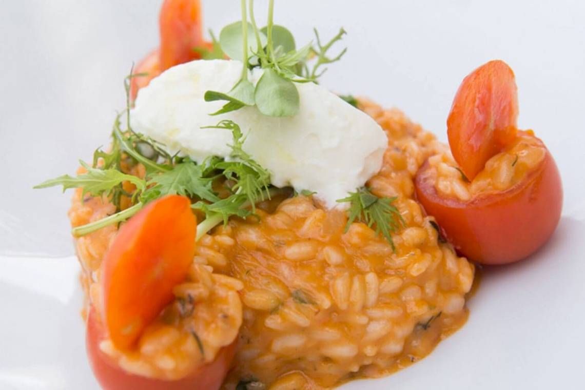 Ein Gericht mit Risotto, Tomaten und Frischkäse auf einem weißen Teller.