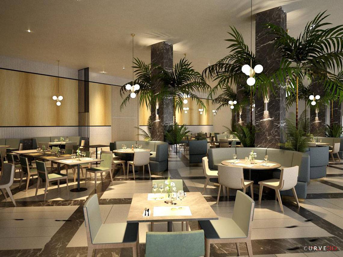 Innenansicht des NissiBlu Beach Resort Restaurants mit modernen Möbeln und tropischen Pflanzen.