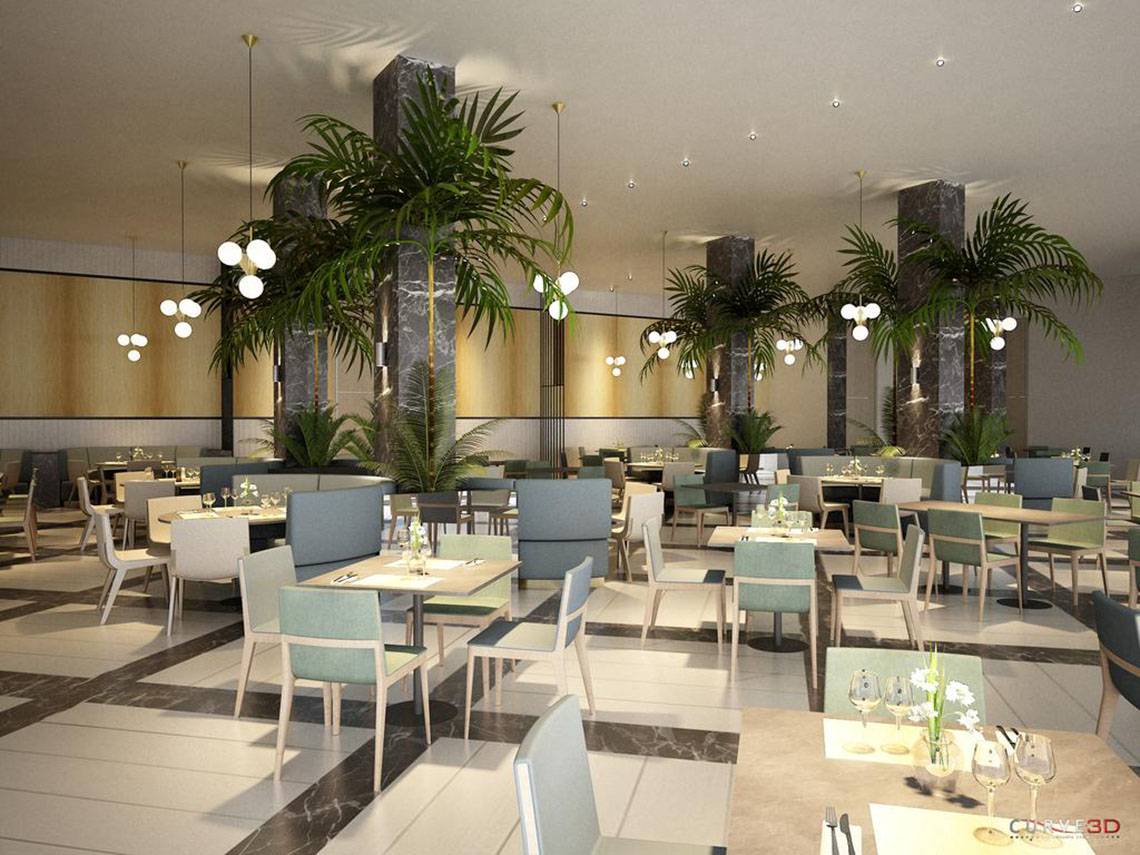 Innenansicht des Restaurants im NissiBlu Beach Resort mit Tischen, Stühlen und Pflanzen