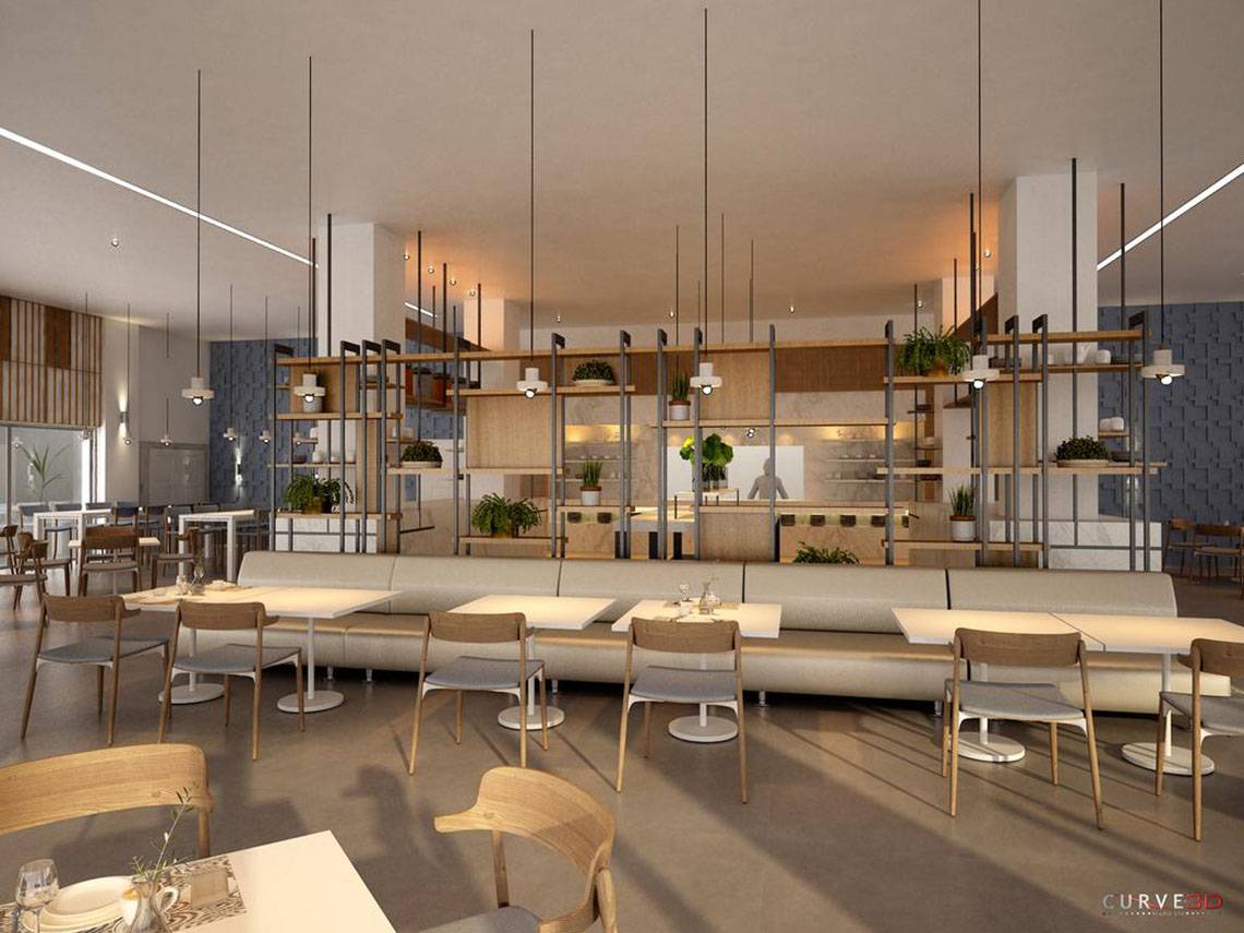 Innenansicht des Restaurants im NissiBlu Beach Resort mit modernem Design, Tischen, Stühlen und Pflanzen.