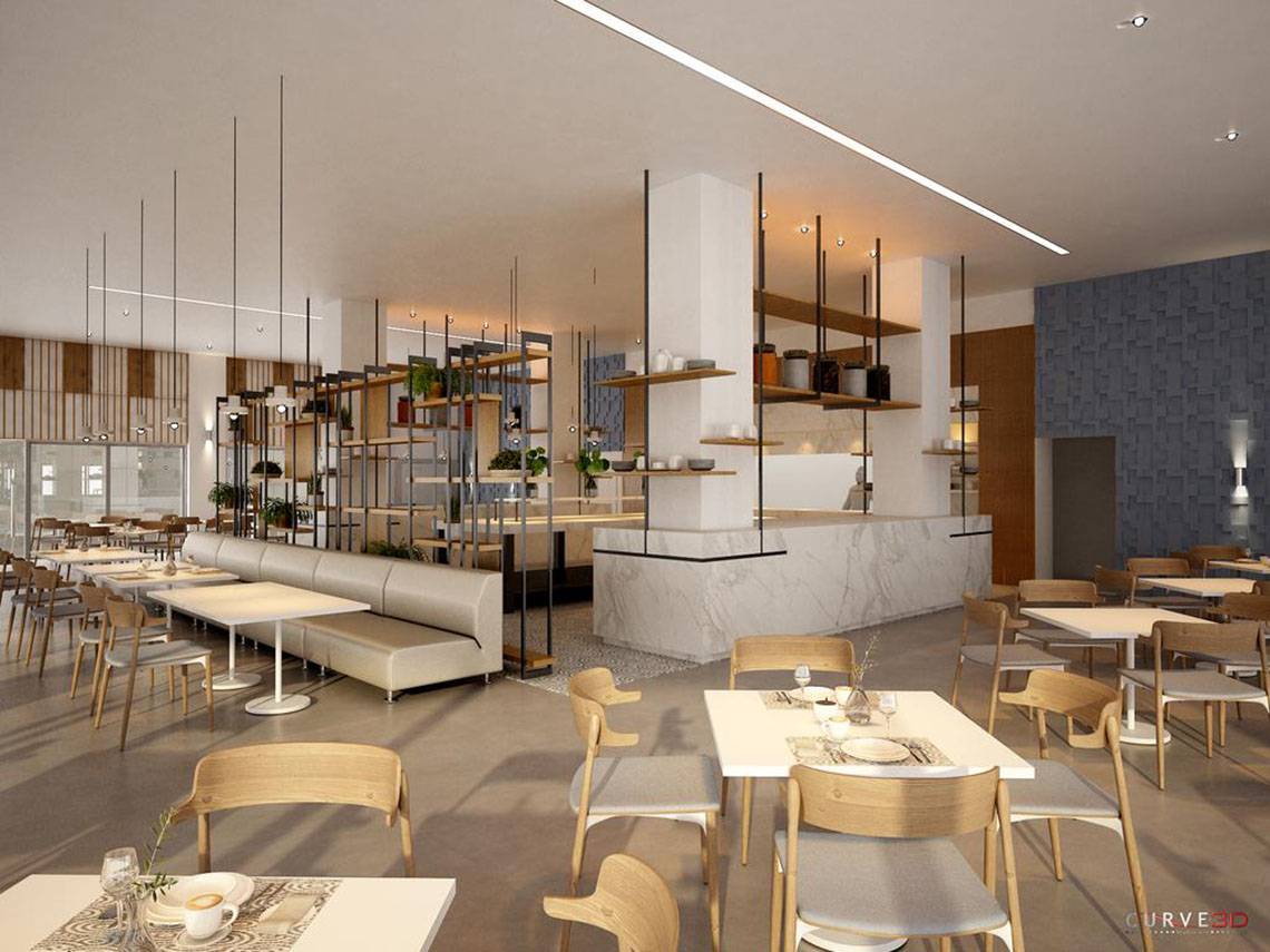 Innenansicht des NissiBlu Beach Resort Restaurants mit modernem Design, weißen Tischen, grauen Stühlen und einer Theke.