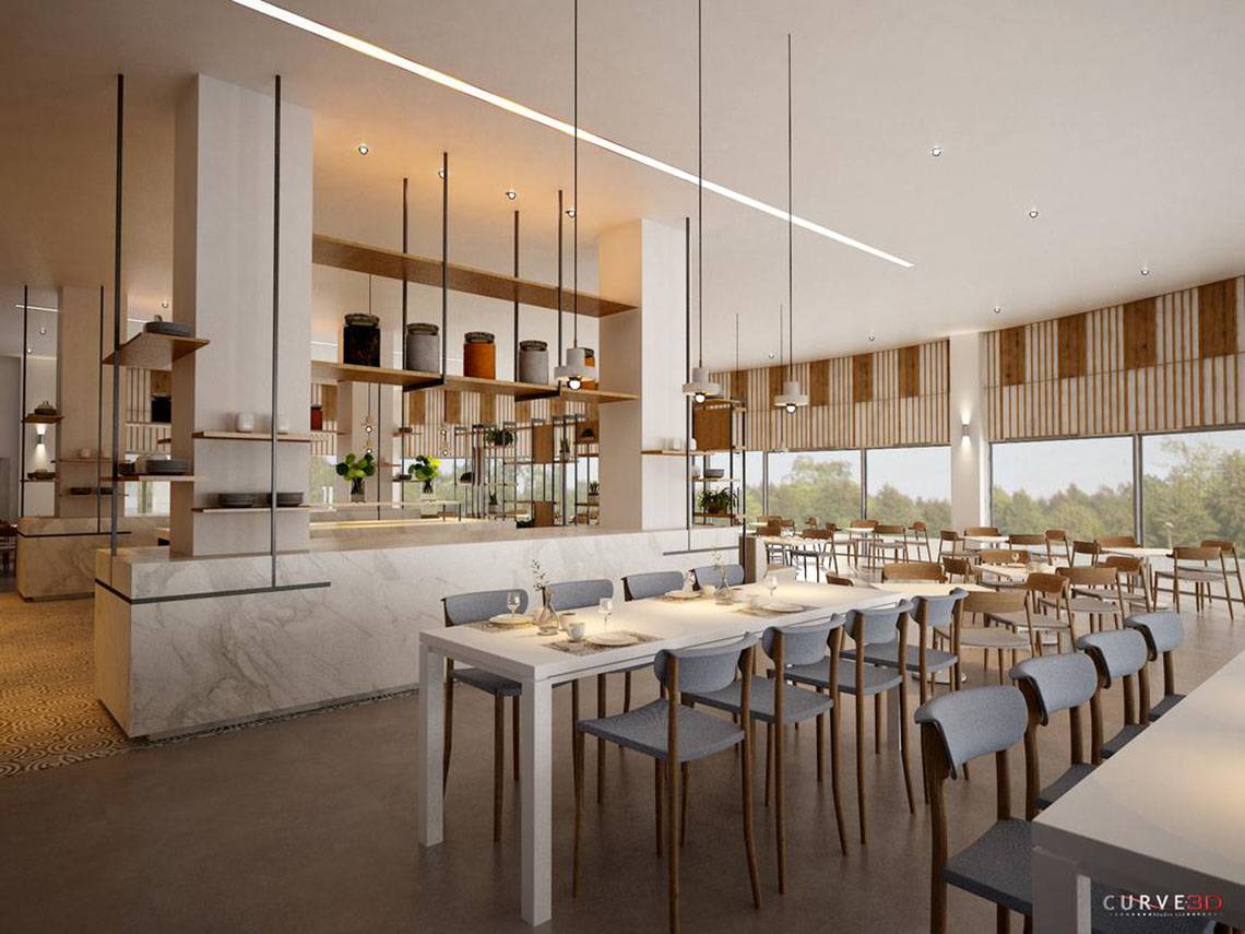 Innenansicht des Restaurants im NissiBlu Beach Resort mit großen Fenstern und moderner Einrichtung.