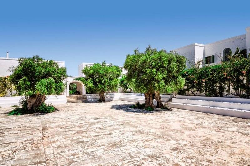 Vorplatz des Il Melograno Hotels mit weißen Stufen und großen Bäumen.