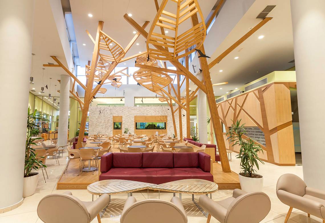 Innenansicht der Lobby im Blue Lagoon Resort mit modernen Möbeln und Holzelementen.