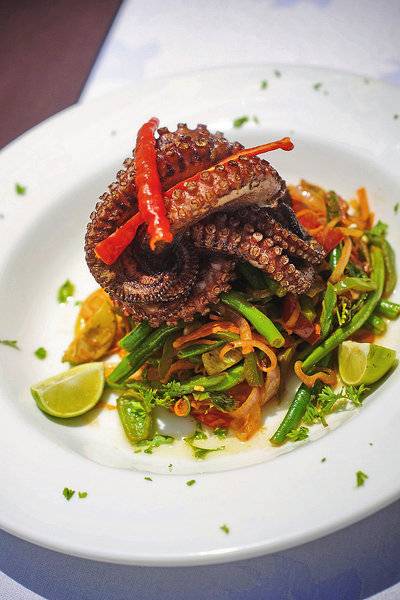 Ein Teller mit gegrilltem Oktopus, serviert auf einem weißen Teller.