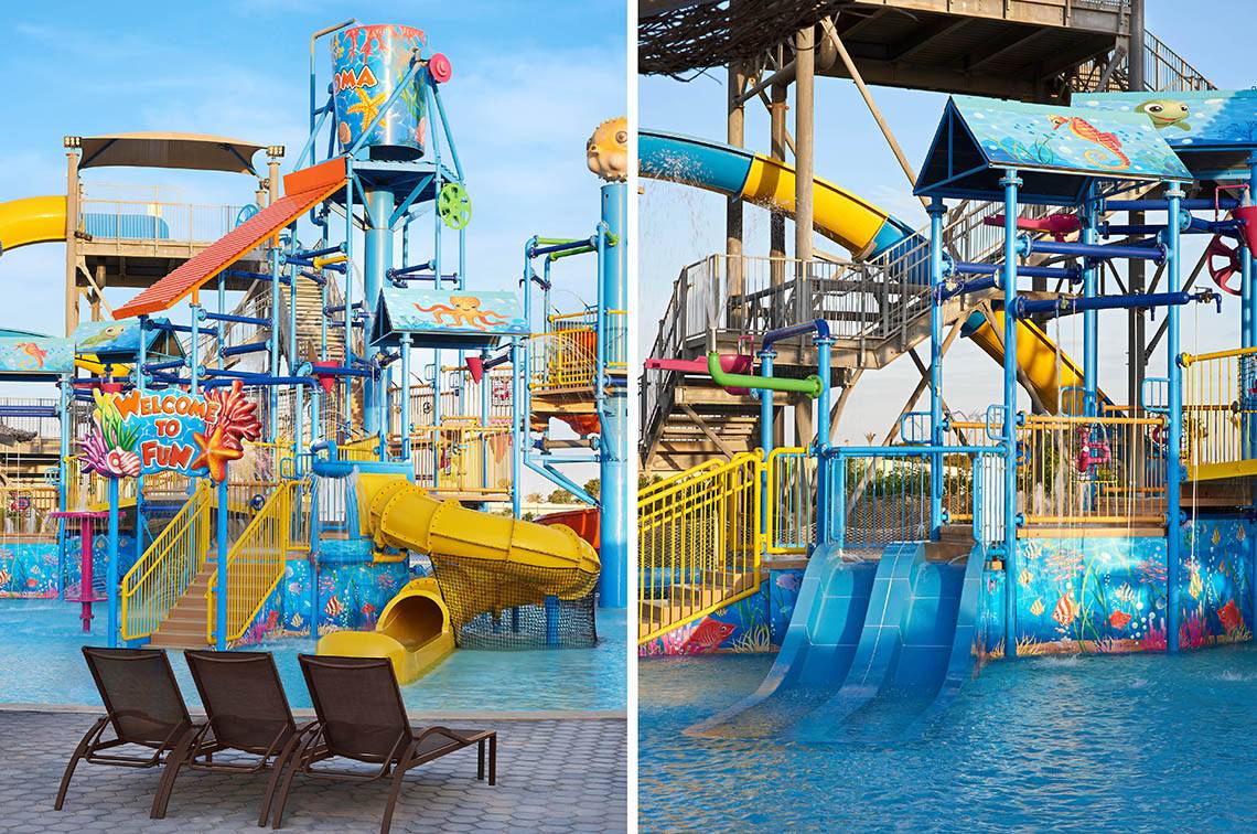 Wasserpark im Sheraton Soma Bay Resort mit Rutschen und Sitzgelegenheiten.