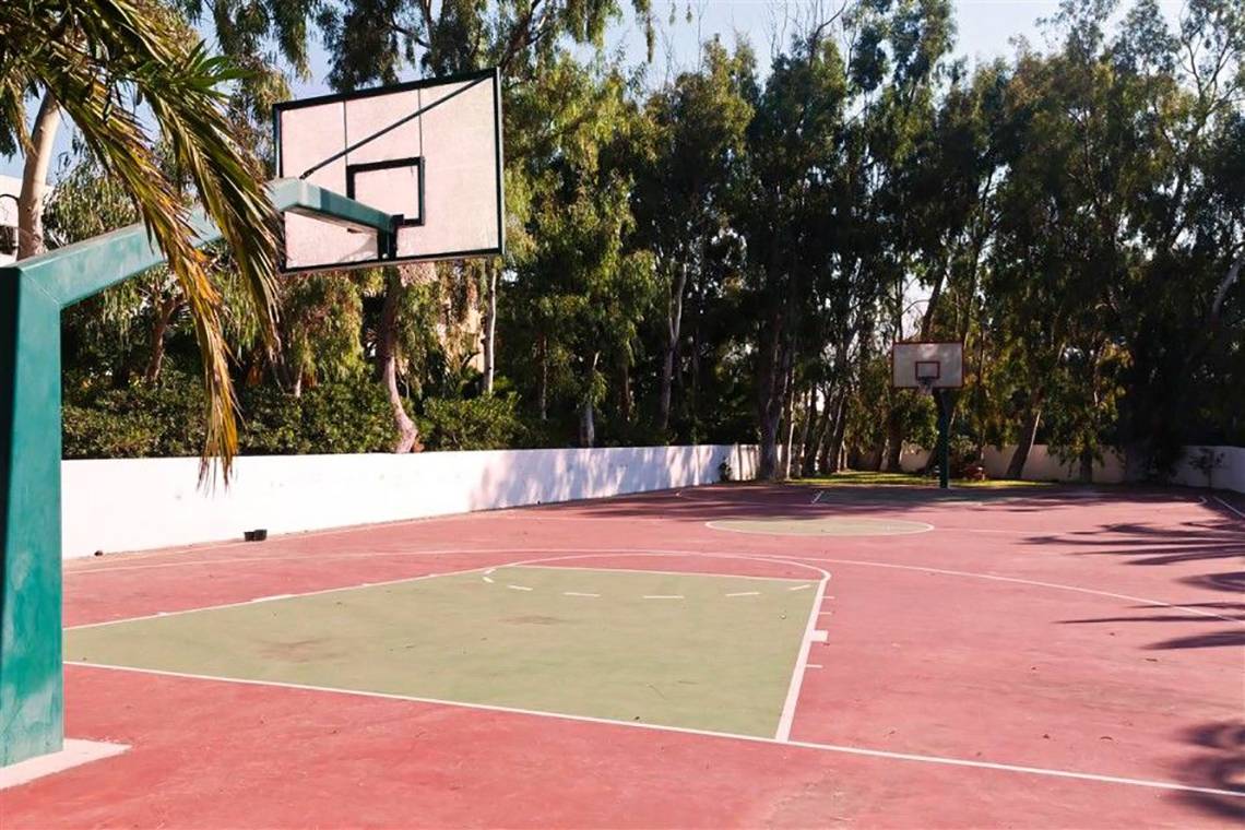 Basketballplatz im Freien mit zwei Körben, umzäunt von einer weißen Mauer und umgeben von Bäumen.