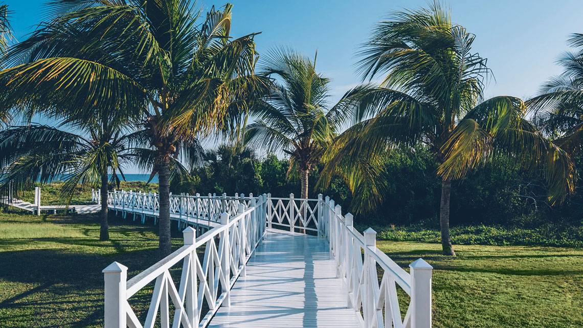 Eingang zum Iberostar Laguna Azul Hotel mit einer weißen Holzbrücke und Palmen