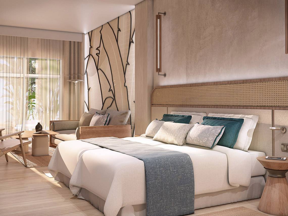Schlafzimmer im Tabaiba Princess Hotel mit großem Bett, Dekor und Fenstern