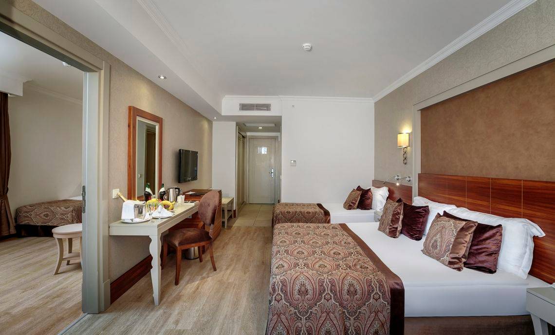 Zimmer im Well Palace Side Hotel mit zwei Betten, Schreibtisch und Fernseher.
