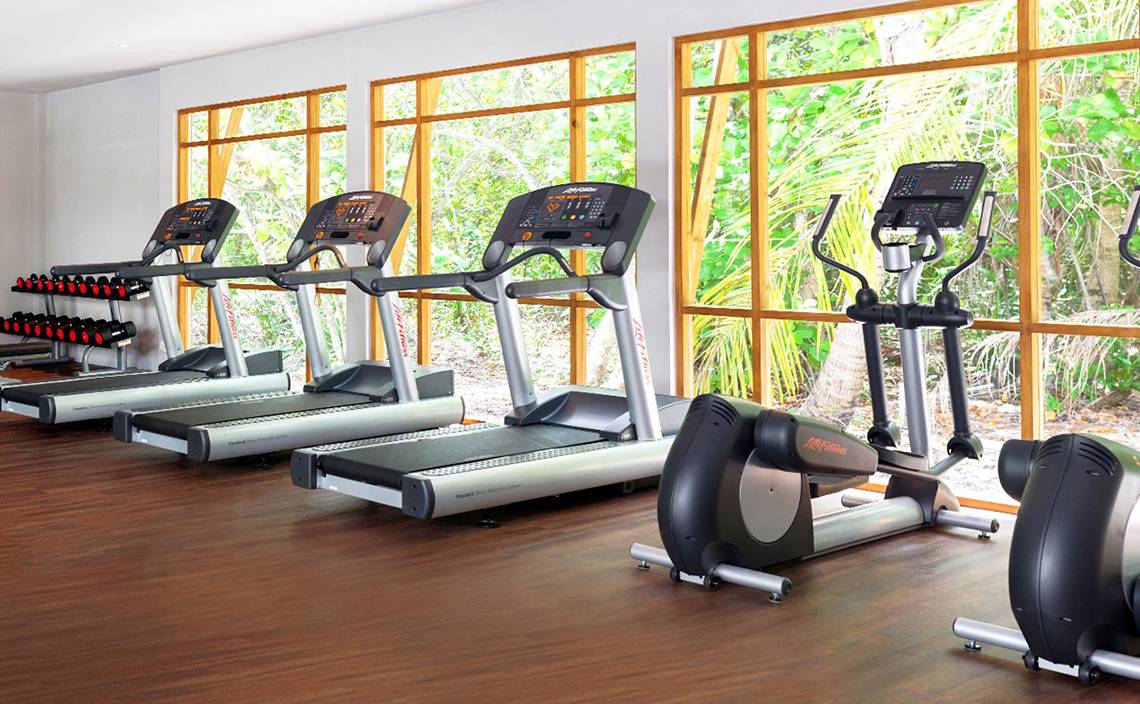 Fitnessstudio mit mehreren Laufbändern und Außensicht auf Bäume und Pflanzen.