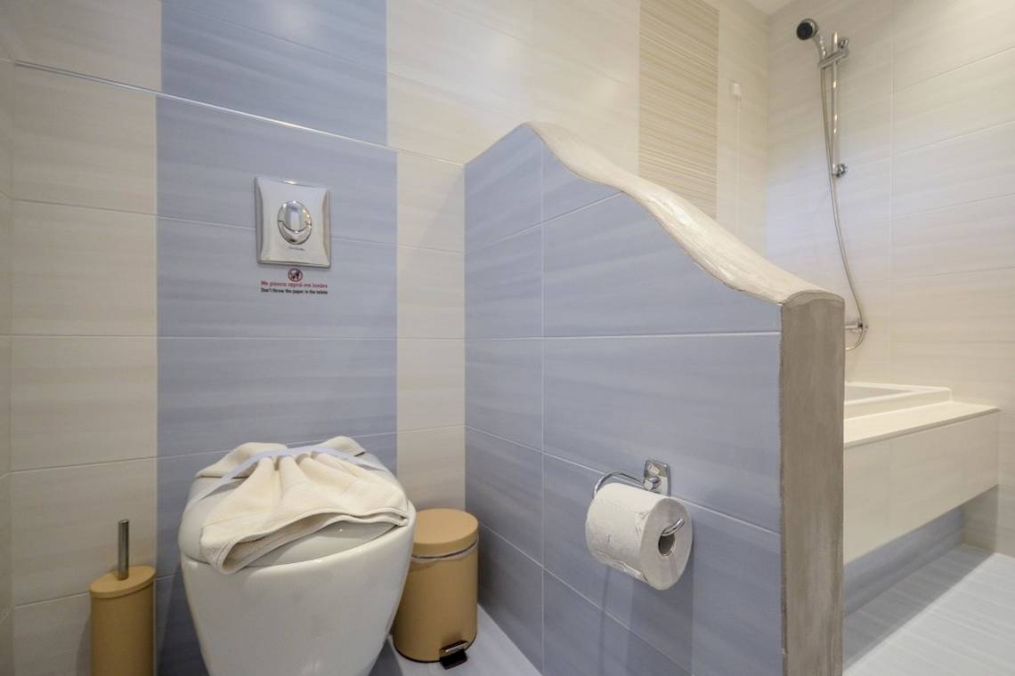 Badezimmer im Alkyoni Beach Hotel mit Dusche, Toilette und Handtuchhalter
