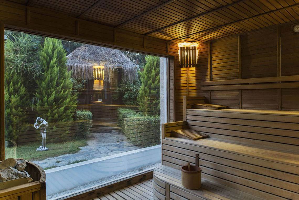 Innenansicht der Sauna im Delphin Diva Premiere Hotel mit Blick auf den Garten