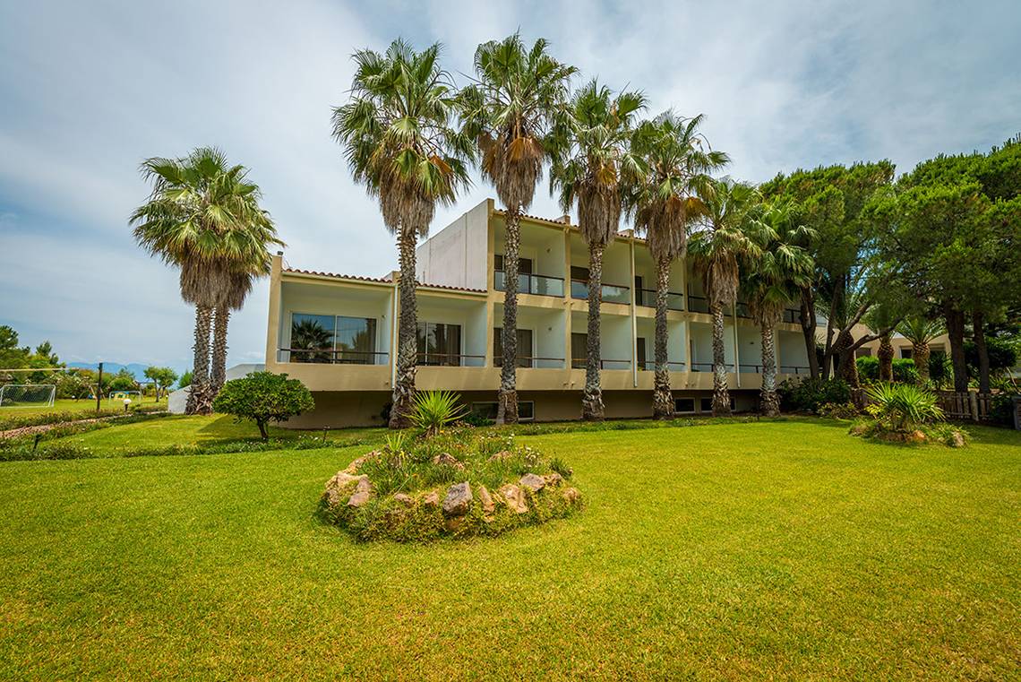 Außenansicht des Pavlina Beach Hotels mit mehreren Palmen und einem großen Rasen.
