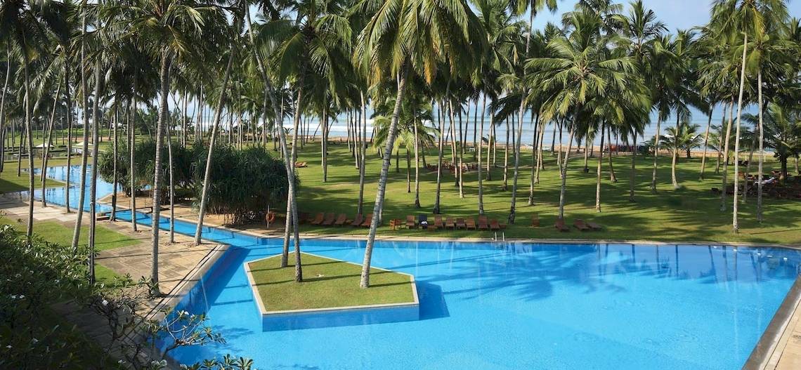 Außenpool des Blue Water Hotel and Spa mit umliegenden Palmen und Rasen.