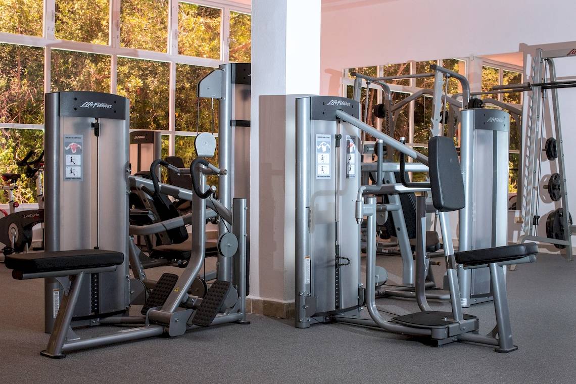 Fitnessgeräte in einem Fitnessstudio mit Blick auf Fenster und Bäume.