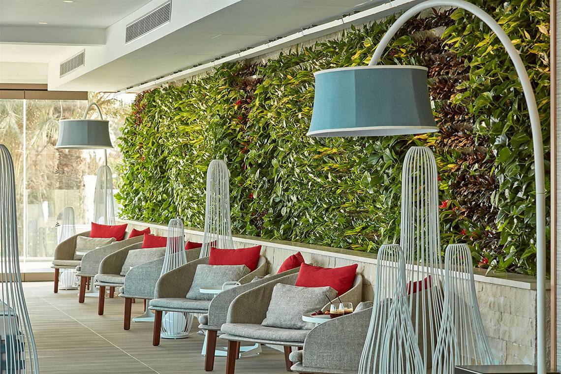 Loungebereich des Mare Ayia Napa Hotels mit grüner Wand und roten Kissen auf den Sesseln.