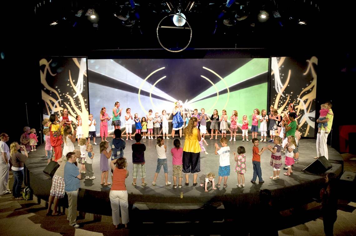 Eine Gruppe von Kindern und Erwachsenen auf einer Bühne im Miracle Resort, alle sehen einer Vorstellung zu.