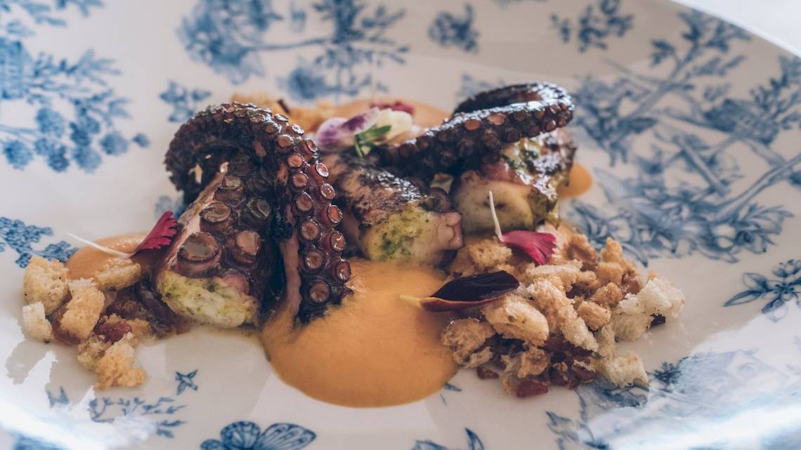 Gegrillter Oktopus auf einer blau-weißen Schale mit Soße und Beilagen.