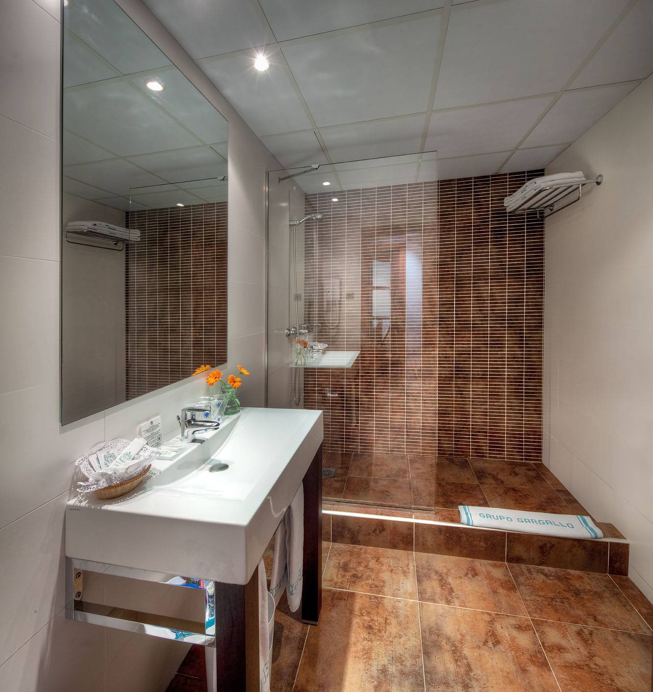 Badezimmer im Gargallo Rialto Hotel mit Dusche, Waschbecken und Spiegel.