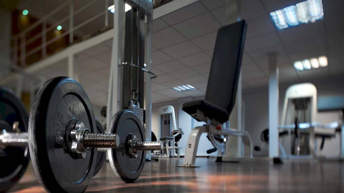 Fitnessstudio mit Gewichten und Fitnessgeräten wie einer Bank und einem Hantelständer