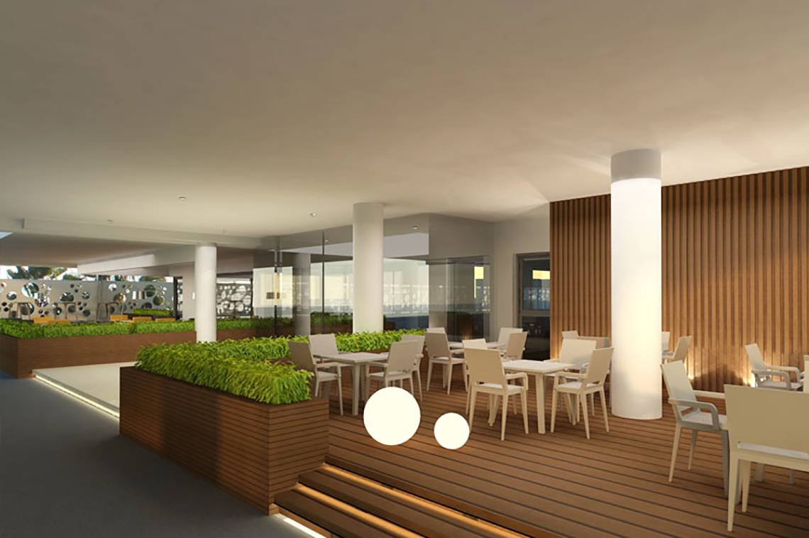 Visualisierung der Terrasse im Nelia Beach Hotel & Spa mit Tischen und Stühlen.