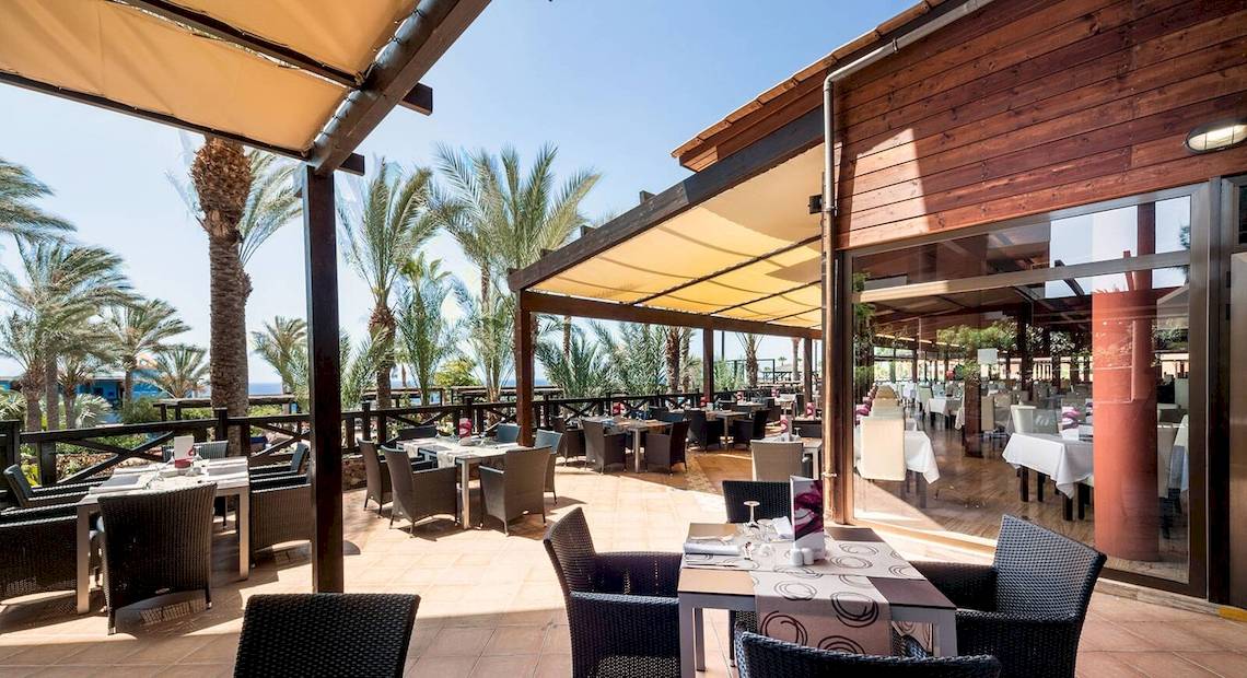 Außenterrasse des Occidental Jandia Playa Hotels mit Tischen, Stühlen und Palmen im Hintergrund.