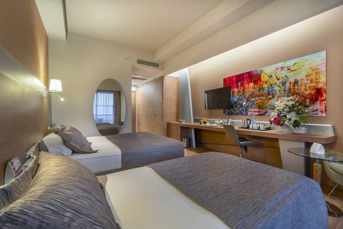 Doppelzimmer im Concorde De Luxe Resort mit zwei Betten, Fernseher, Schreibtisch und Kunstwerk an der Wand.