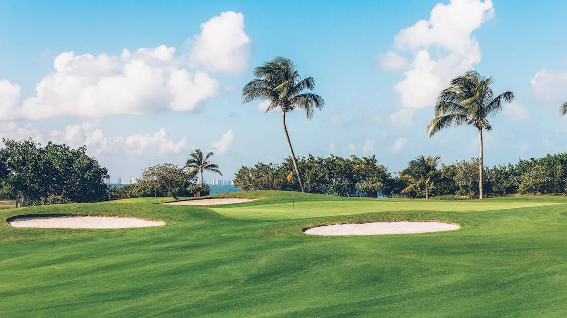 Golfplatz im Freien unter einem blauen Himmel mit weißen Wolken und Palmen.