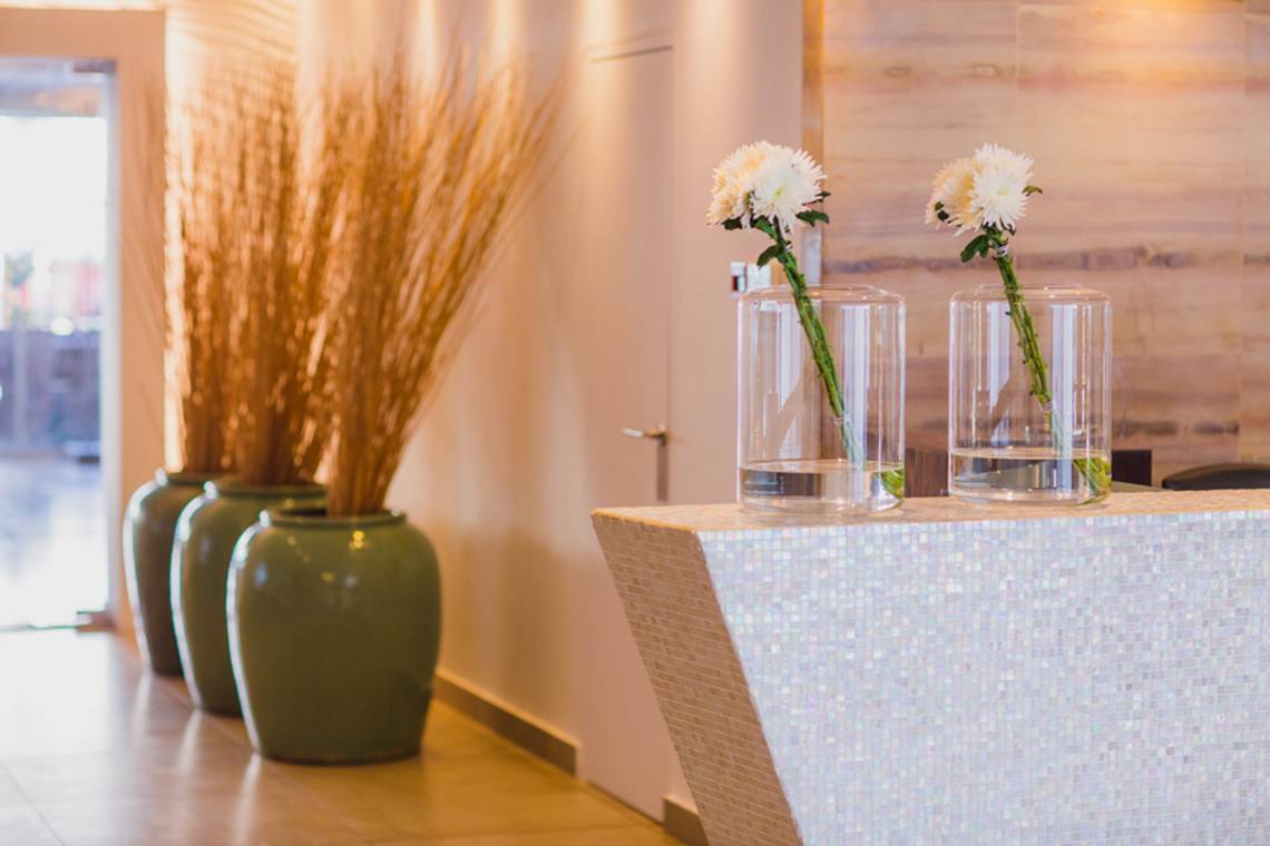 Empfangsbereich des Napa Plaza Hotels mit grünen Vasen und weißen Blumen.