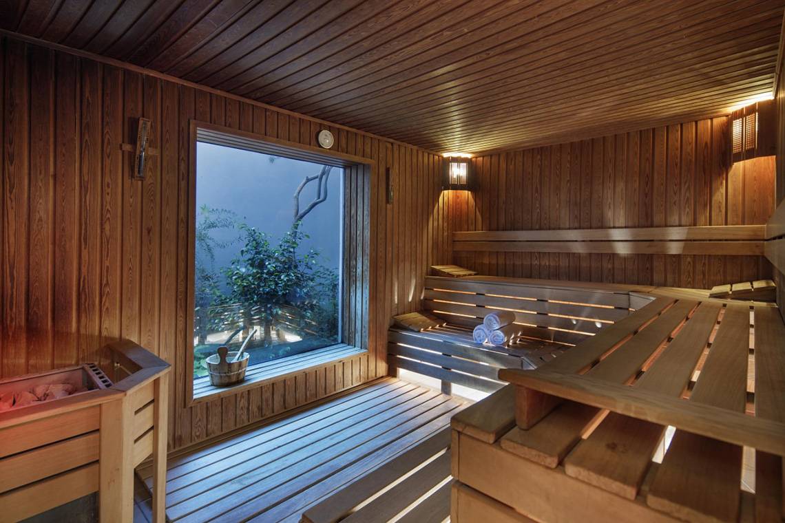 Sauna im Liberty Hotels Lara mit Holzwänden, einer großen Glasscheibe und einem Fenster mit Blick auf einen Garten.