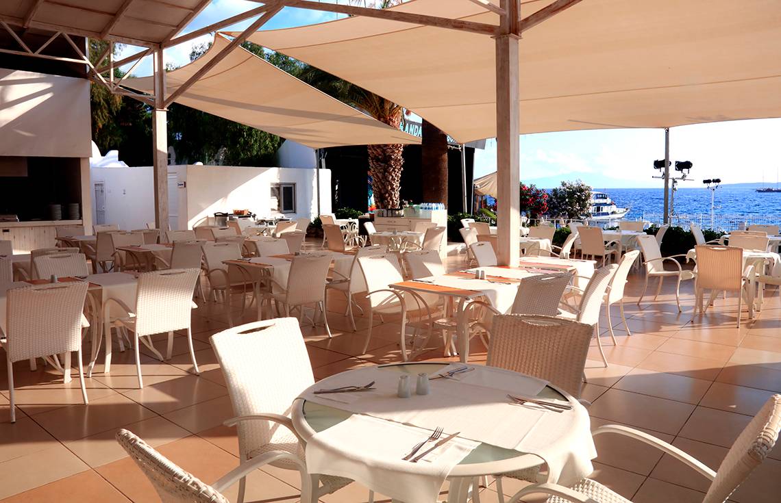 Labranda TMT Bodrum Terrassenrestaurant mit Blick auf das Meer.