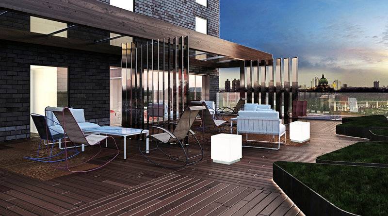 Dachterrasse des H10 London Waterloo Hotels mit Möbeln und Blick auf die Stadt