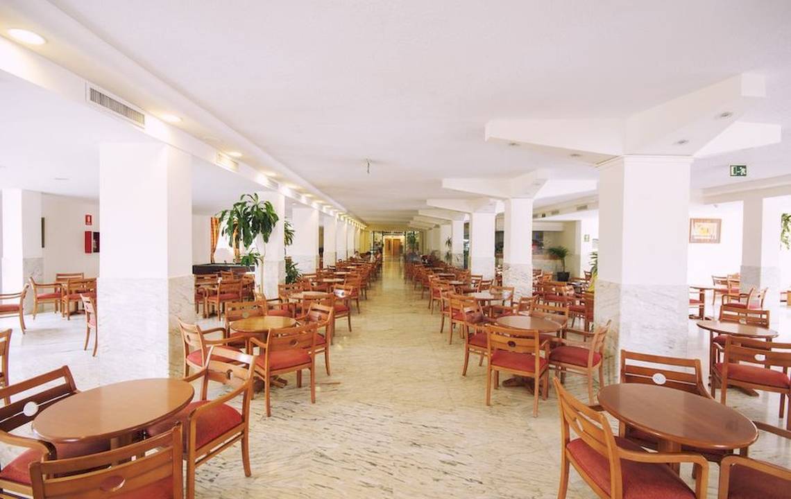 Helles Restaurant im Hotel Moon Dreams Coral Beach mit Tischen und Stühlen, umgeben von Pflanzen.
