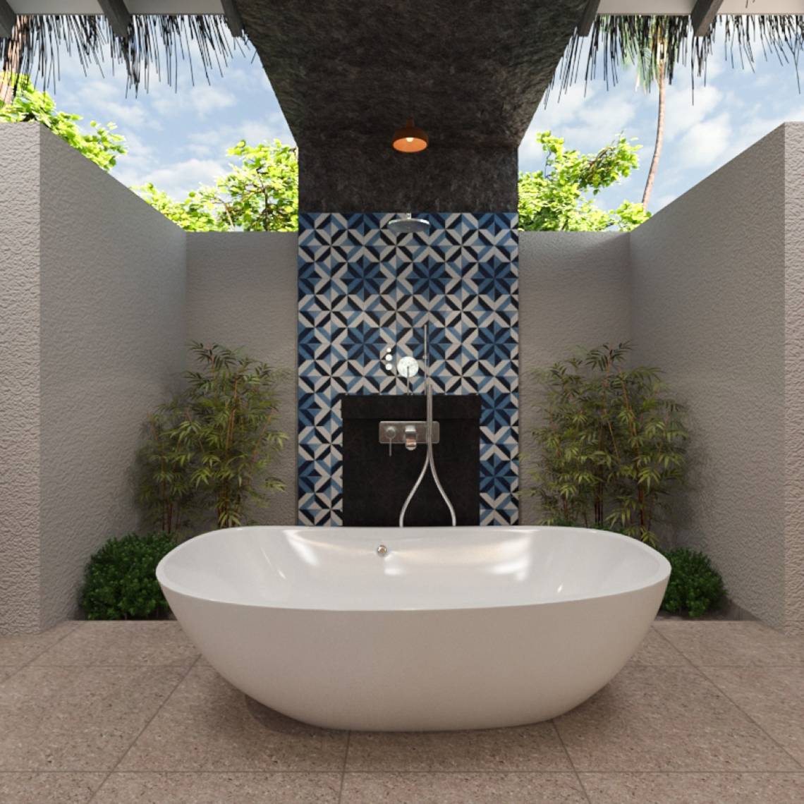 Dusche im You & Me Maldives Hotel mit blauem Muster an der Wand und Pflanzen.