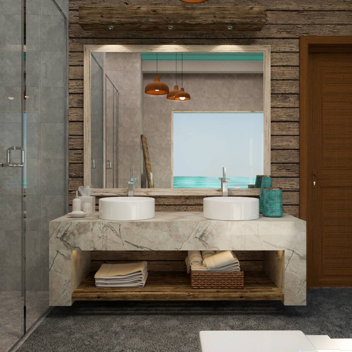 Badezimmer im You & Me Maldives Hotel mit Marmor-Waschtisch und Holzwand.