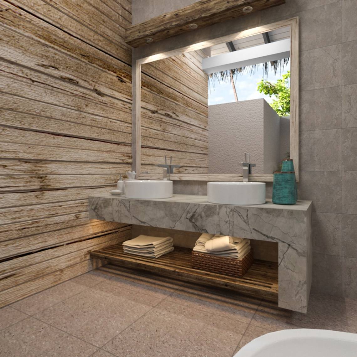 Badezimmer mit Doppelwaschbecken und Holzwand im You & Me Maldives Hotel.
