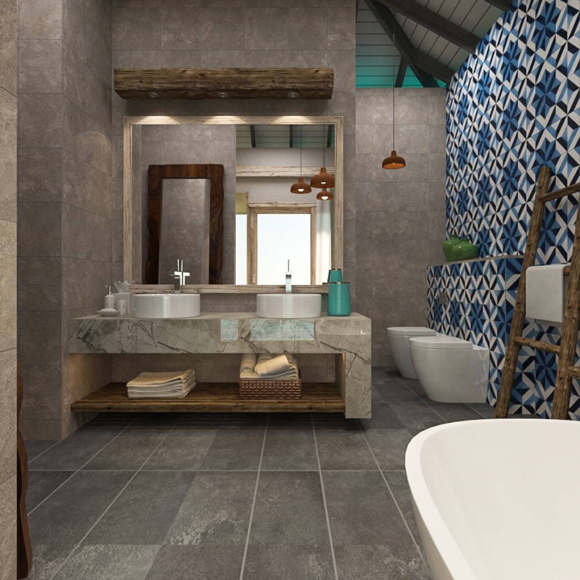 Modernes Badezimmer mit grauen Fliesen und blauen Mustern, zwei Waschbecken und Toiletten