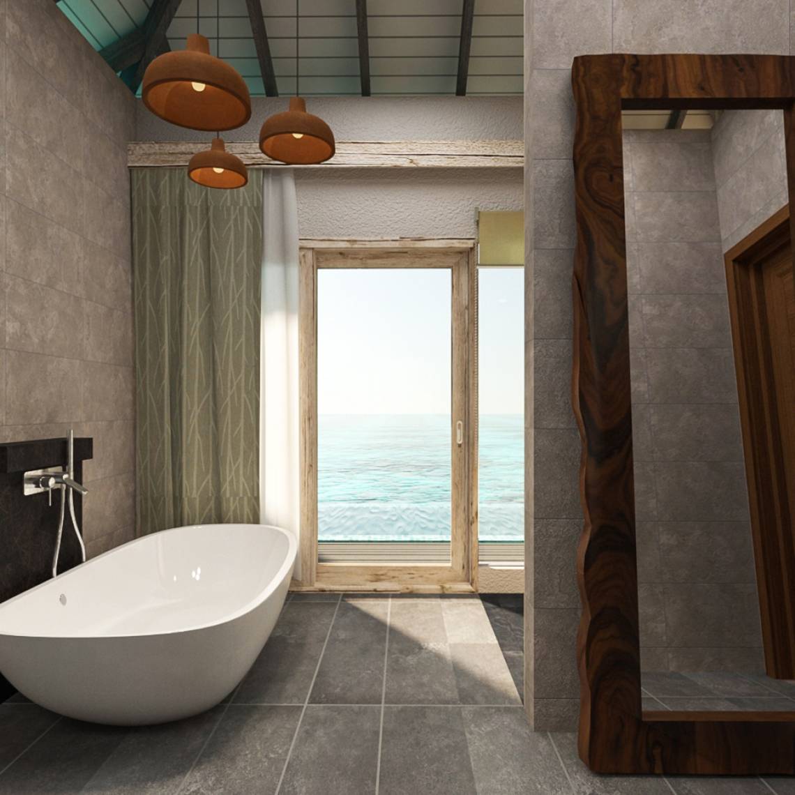 Badezimmer mit Meerblick im You & Me Maldives Hotel mit Badewanne und Glastür.
