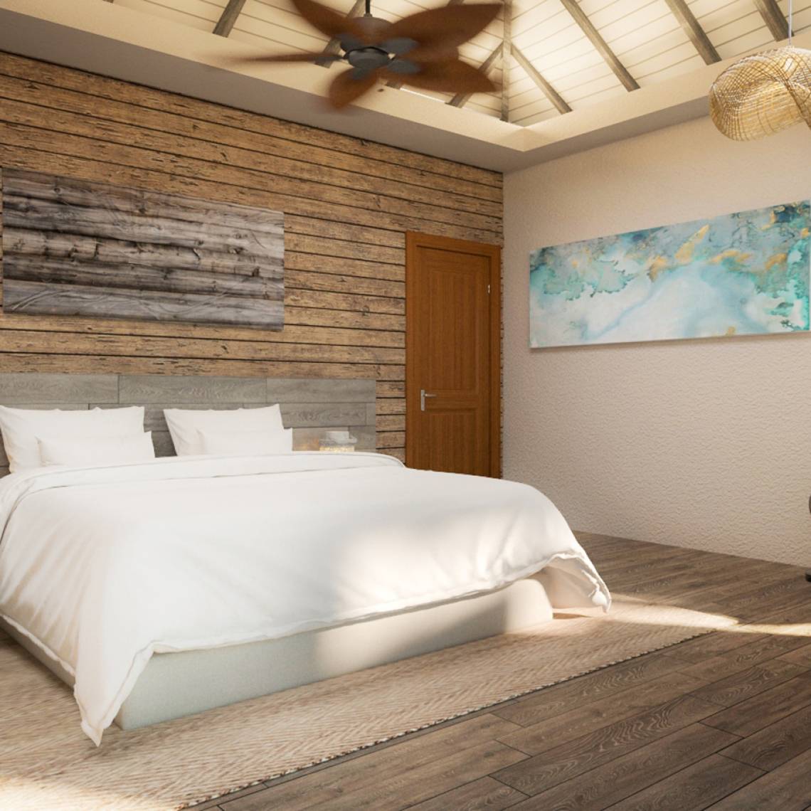 Schlafzimmer mit Holzwand, Bett, Deckenventilator und Lampen.