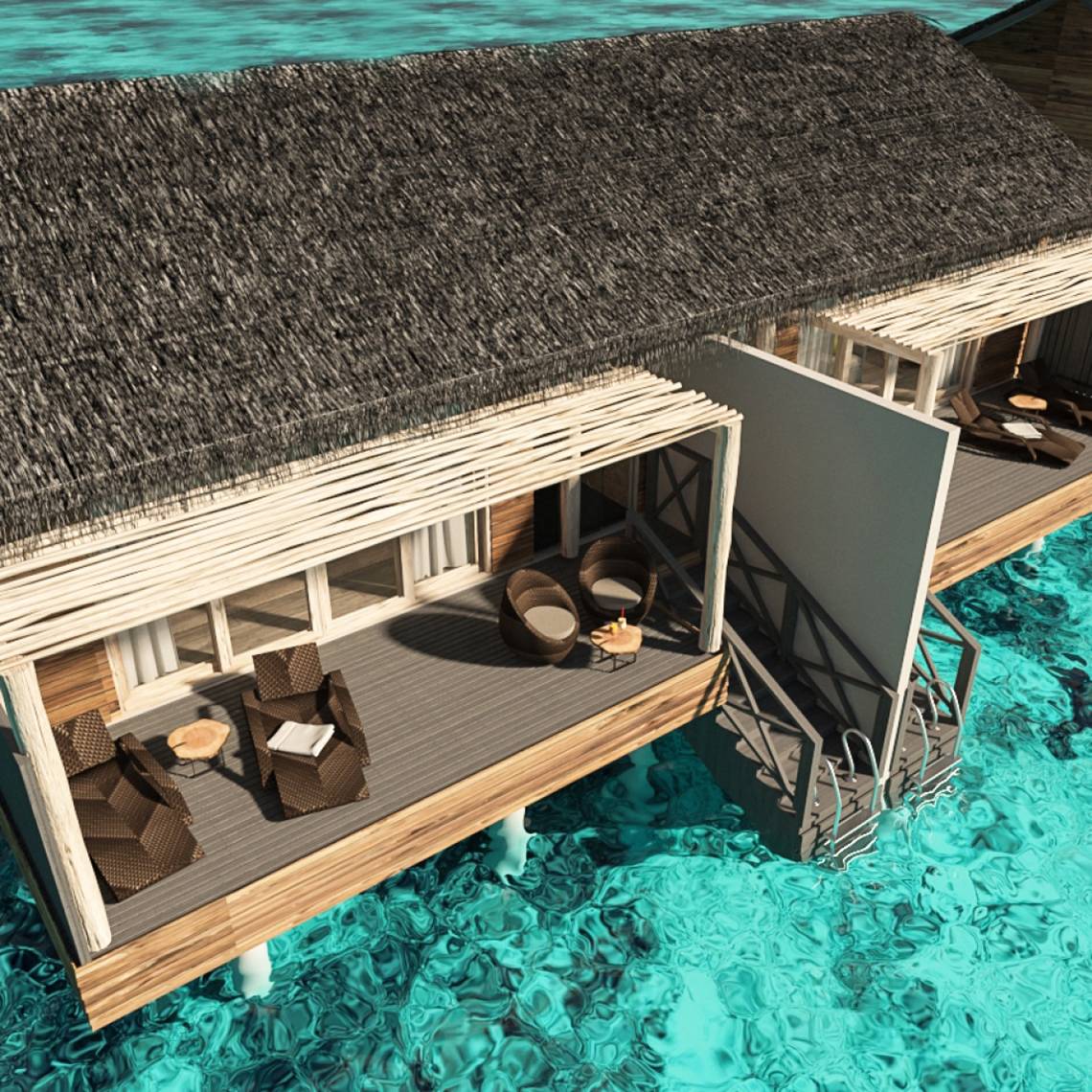 Ueberwasservilla des You & Me Maldives Hotels mit Blick auf das Wasser.