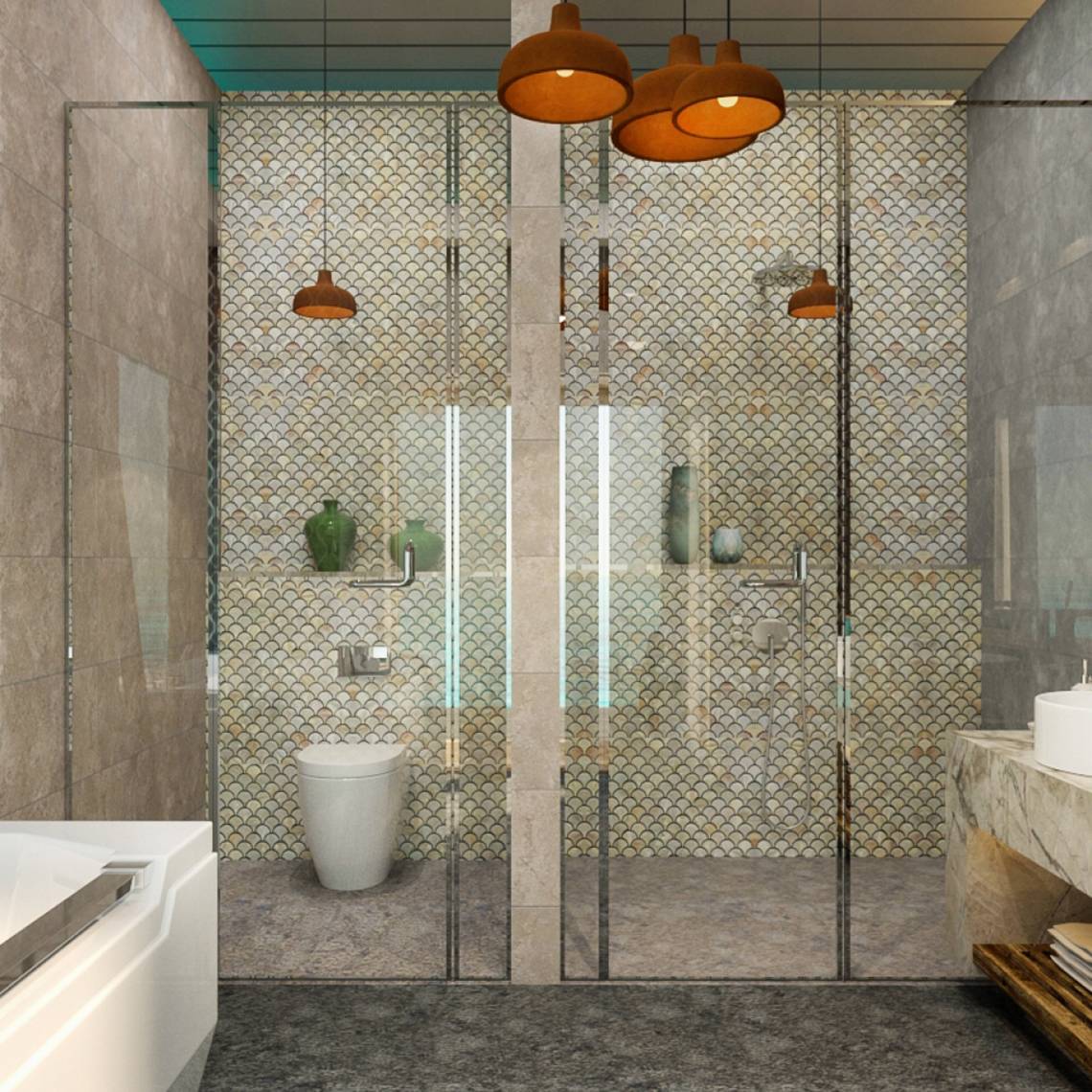 Badezimmer mit Duschbereich, Fischschuppen-Design an den Wänden, hängende Lampen und Waschbecken.