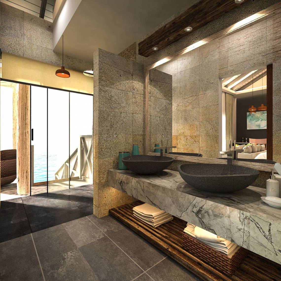 Badezimmer mit Doppelwaschbecken und Meerblick im Hotel You & Me Maldives.