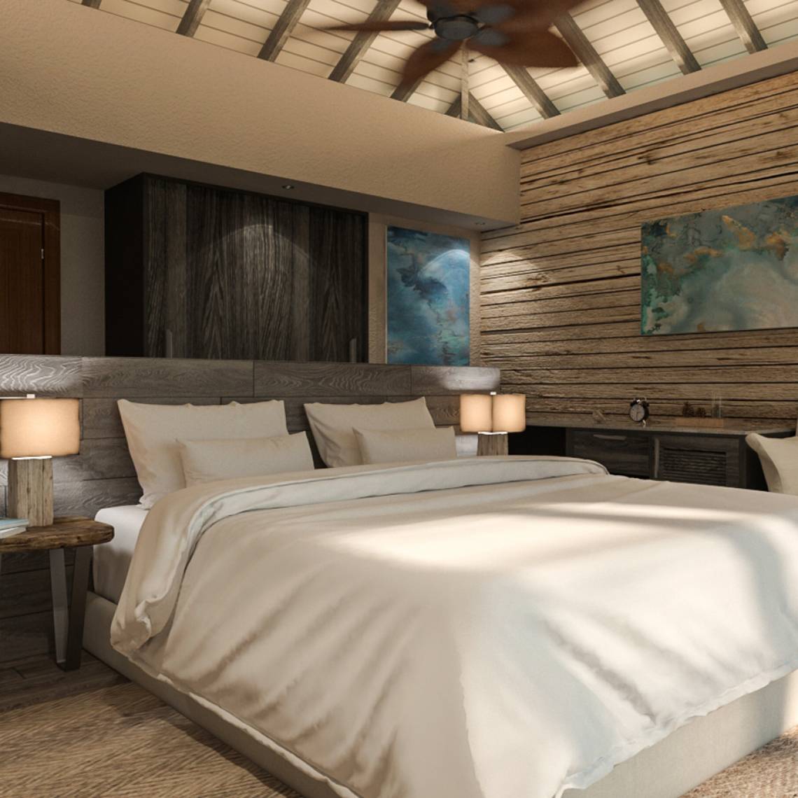 Innenansicht eines Schlafzimmers im You & Me Maldives Hotel mit Holzwänden und einer großen Bett.