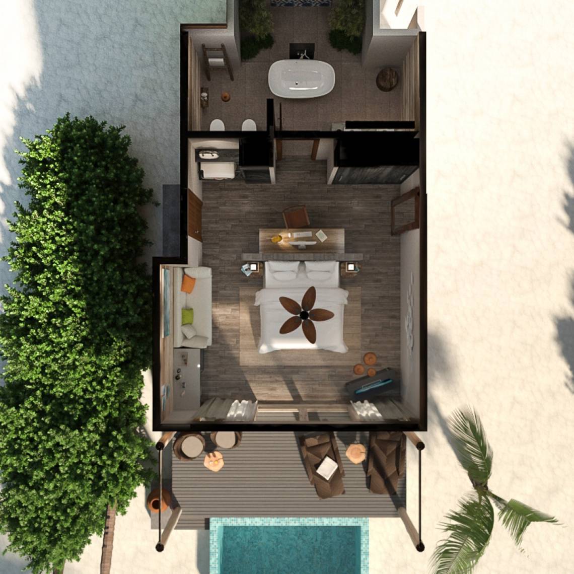 Draufsicht auf die Villa You & Me Maldives mit Pool, Schlafzimmer und Wohnzimmer.