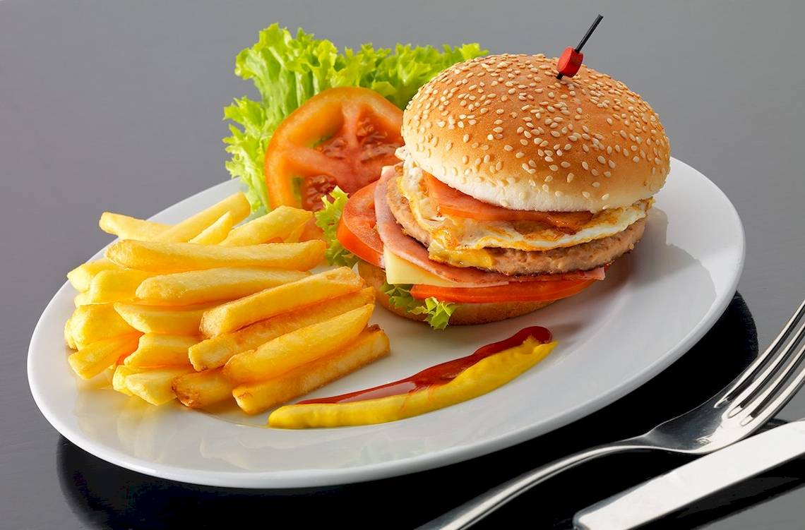 Ein weißer Teller mit einem Burger, Pommes Frites, Tomatenscheibe, Salat und Ketchup.