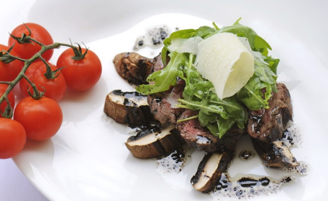 Ein Teller mit gebratenem Steak, Pilzen, Salat und Tomaten als Beilage.