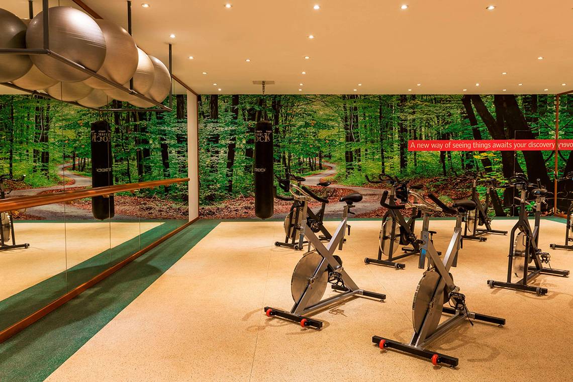 Fitnessraum im Le Meridien Mina Seyahi Beach Resort & Waterpark mit großen Fenstern und einer Wandmalerei von einem Waldweg.